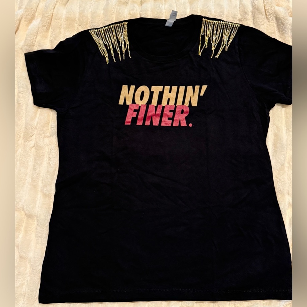 49ers Black Shirt with Gold and Red graphics and Gold Rhinestone Tassel Accents